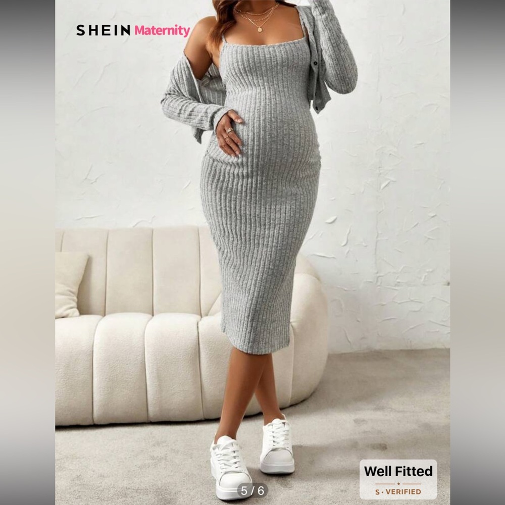 SHEIN Maternity Split Thigh Rib-Knit Cami Dress With Button Up Long Sleeve Cozy - Picture 6 of 14